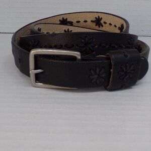 Belt Genuine Leather Black Embroidered Design Silver Buckle